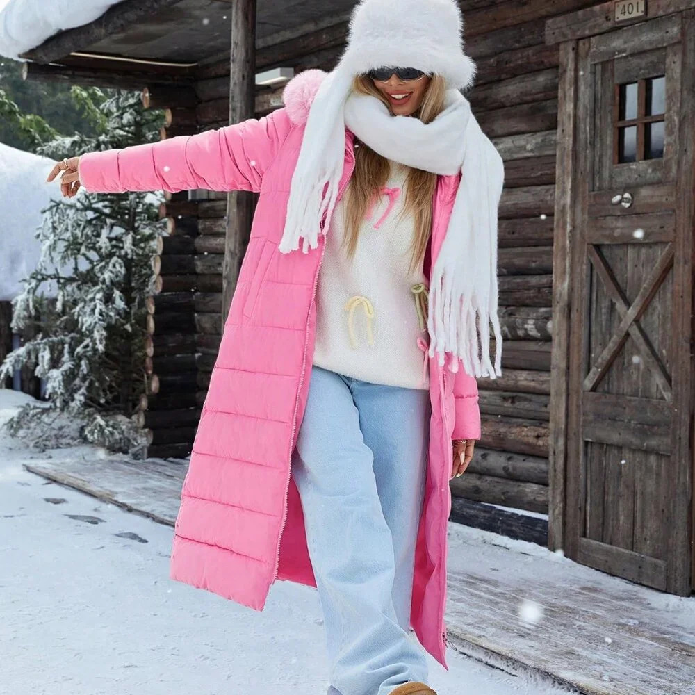 Pink Casual Women's Oversized Furry Collar Hooded Straight Thick Warm Down Coat - Picture 3 of 5